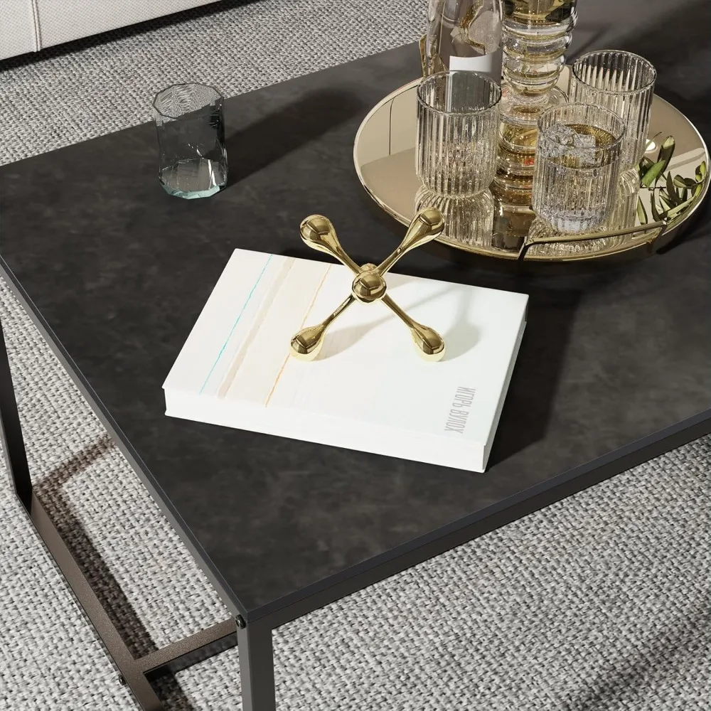 Rectangular Sintered Stone Coffee Table with Black Metal Frame for Living Room - Sleek Black Sofa Centerpiece