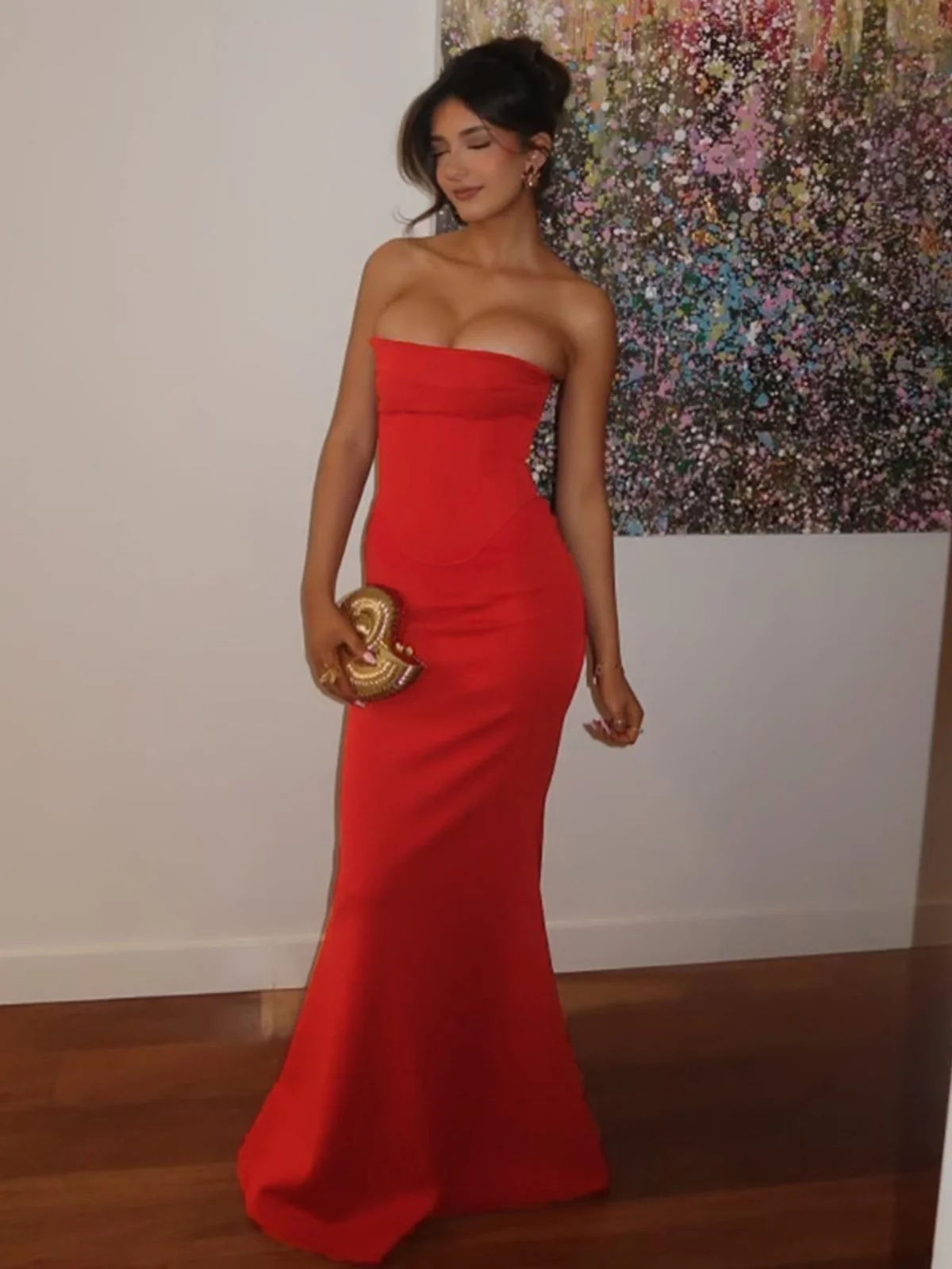 

Slim Fit Waist Cinching Strapless Dress Women's Slim-fit Strapless Dress
