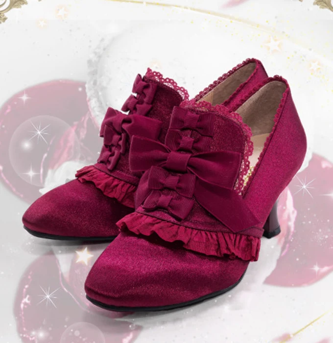 

Romantic Pink Green Blue Silk Lace Bowtie Ruffles Lolita Pumps Middle Heels Slip On Pointed Toe Women Marry Jane Shoes