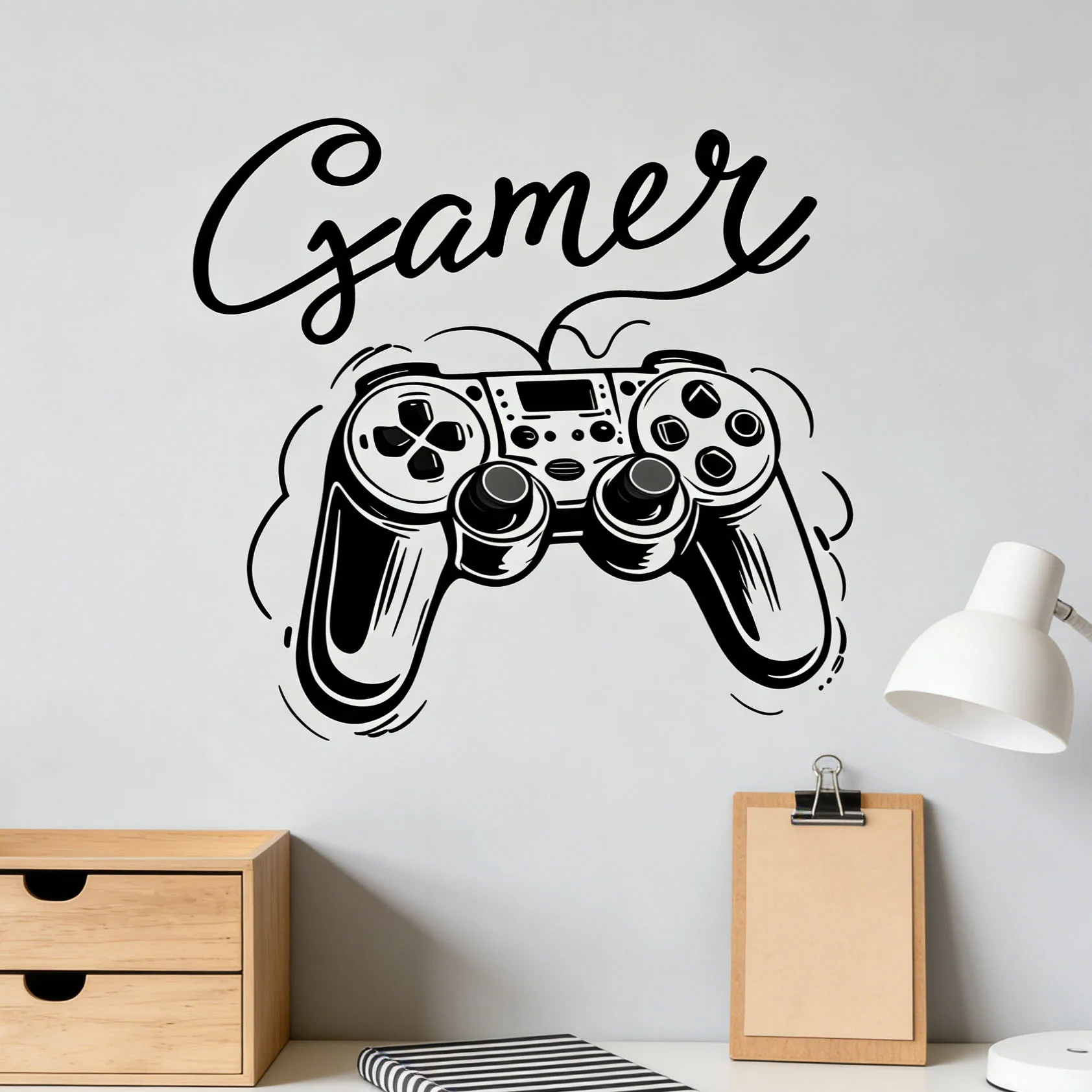 Trendy and Cool Black and White Game Controller Wall stickers, Personalized Gamer English Slogan, Men's Bedroom Wall Decoration,