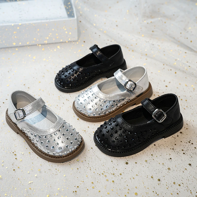 Girls Mary Jane Shoes with Rivets Soft Sole Kids Flats Princess Shoes Fashion Children Leather Shoes for Party Wedding