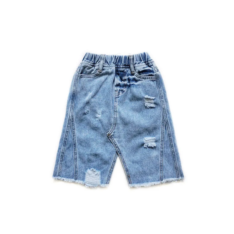 Children\'s wear 2023 new spring and summer parent-child wear a-line mid-length ripped denim clothing girls split fringed skirt