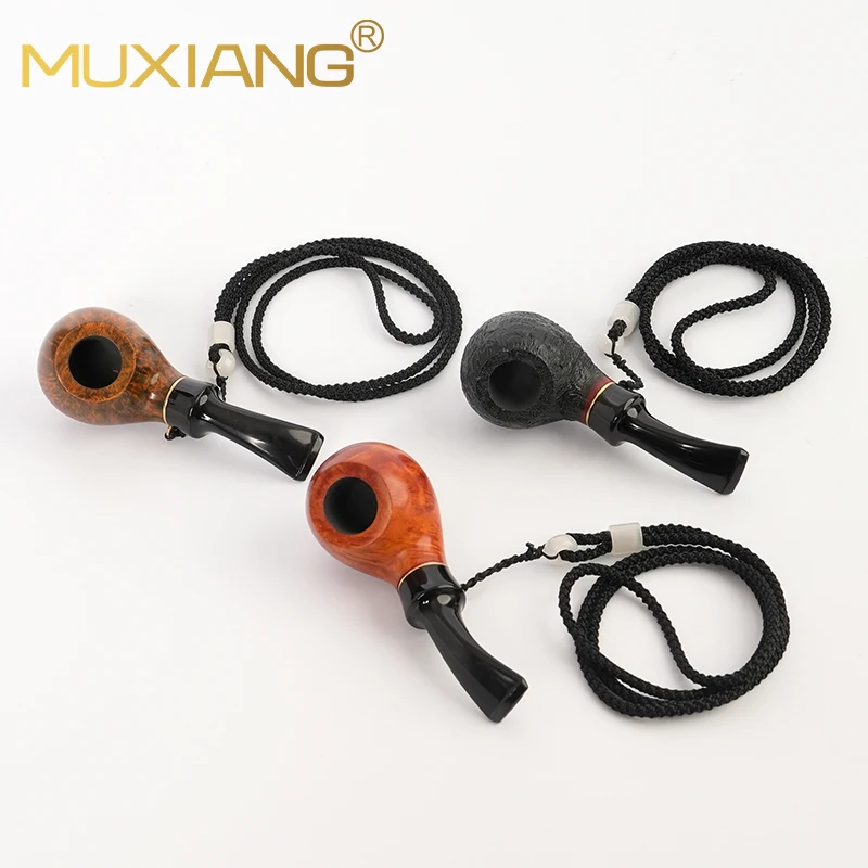 MUXIANG Briarwood Tobacco Pipe Hand-carved Pipe Mini Pipe with Lanyard Wearable 3mm Pipe Channel for father man gift