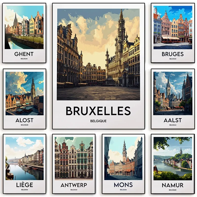 Belgium City Vintage Travel Poster Brussels Antwerp Ghent Leuven Landscape Canvas Art Painting Belgique Scenery Home Decor Gift