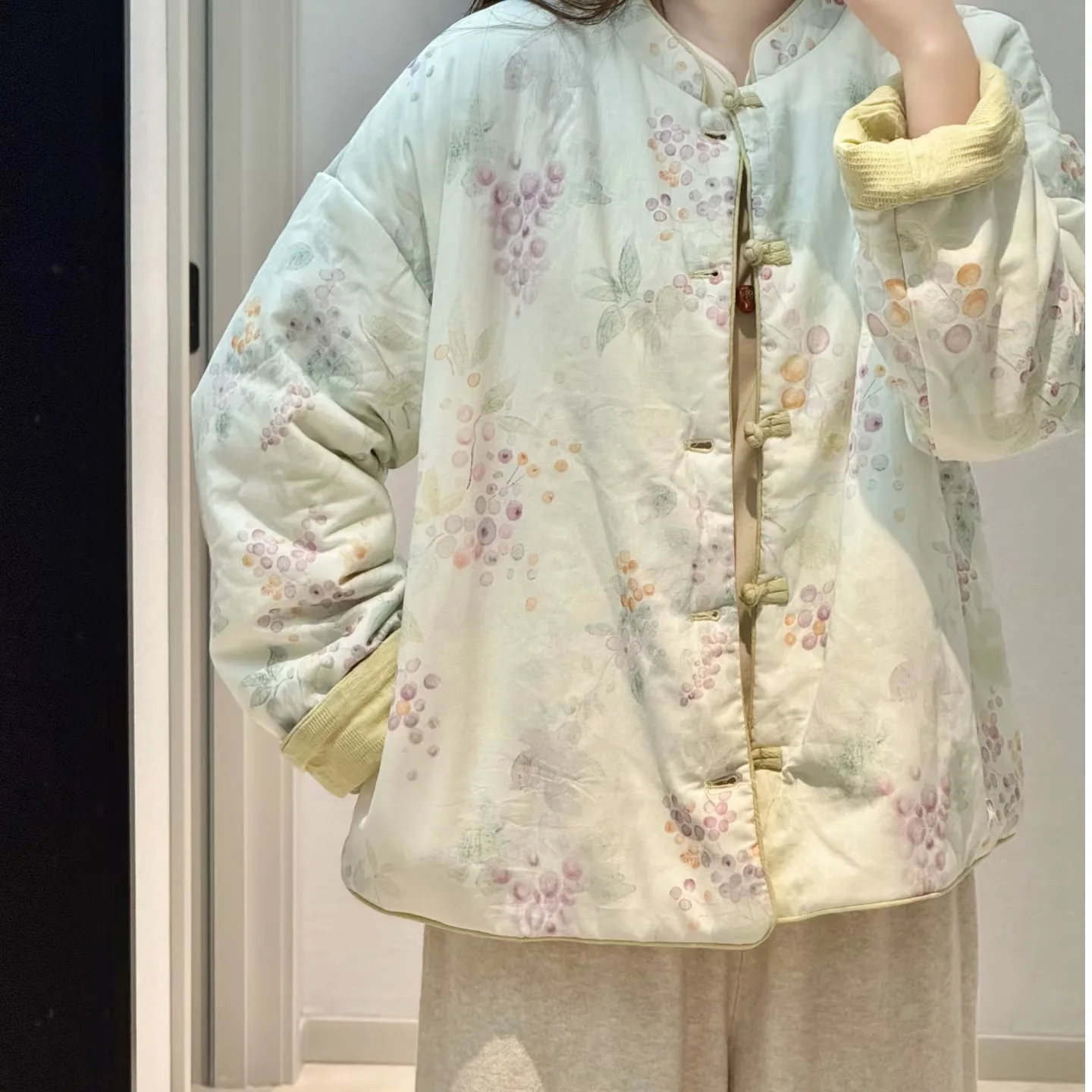 New Chinese Style Cotton Linen Printed Thickened Stand Collar Jacket Women's Winter Color Collision Tang Costume Cotton Clothes