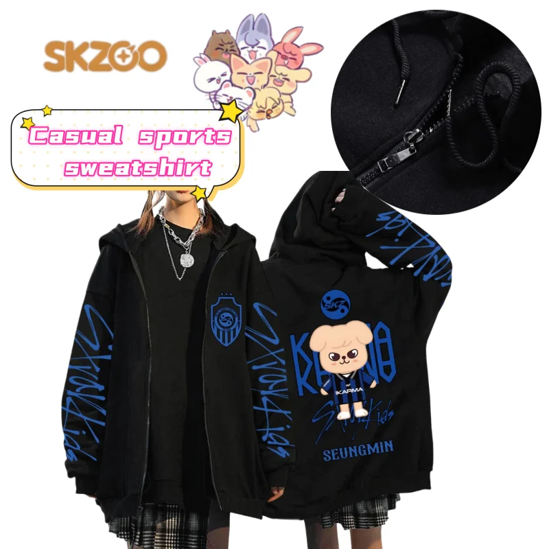 

New SKZOO Stray Kids Leebit Dwaekki Jiniret Quokka Cartoon Print Hoodie Couple Style High-Value Creative Loose Zipper Jacket