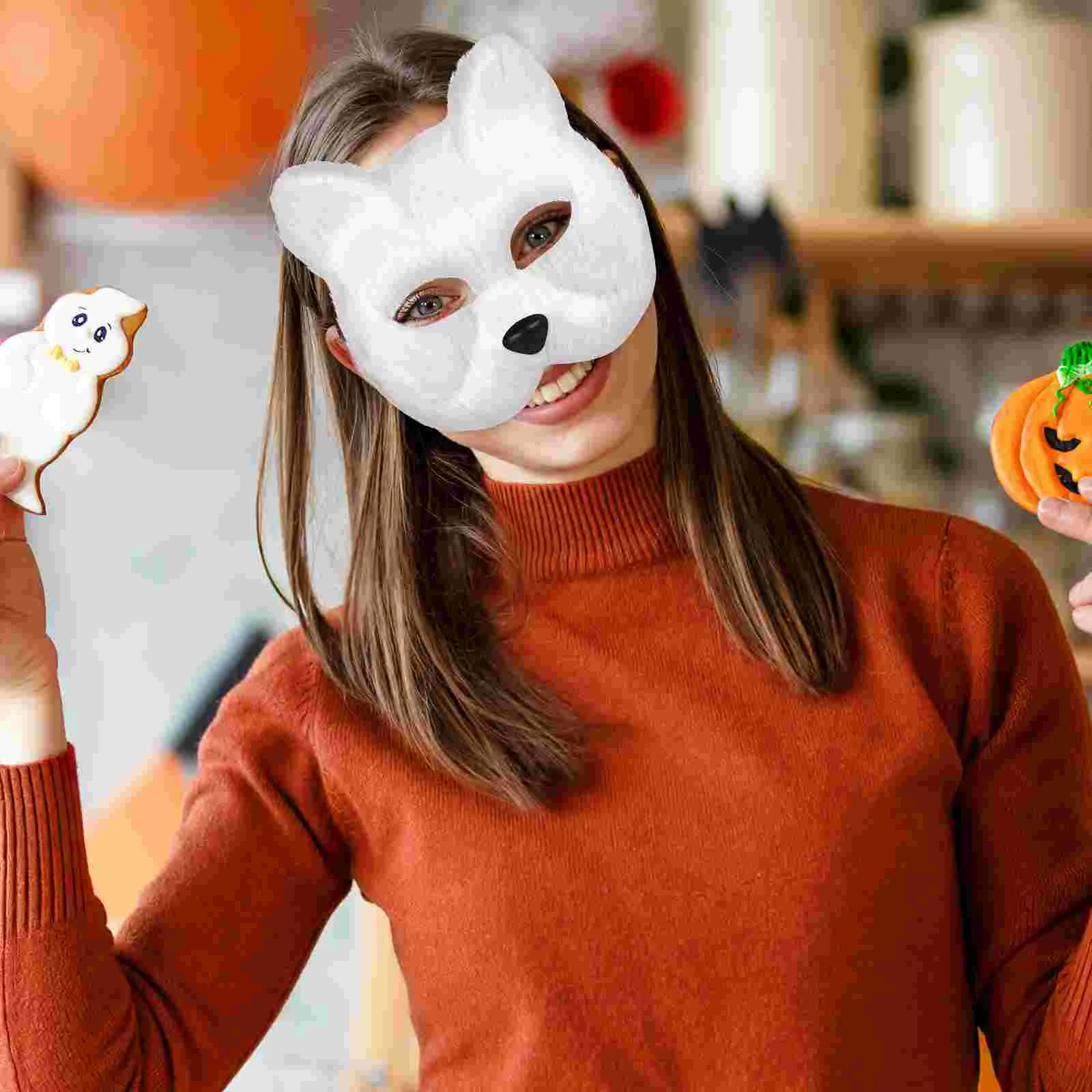 2 pçs máscara animal cosplay máscaras de festa halloween traje peludo flanela raposa branca