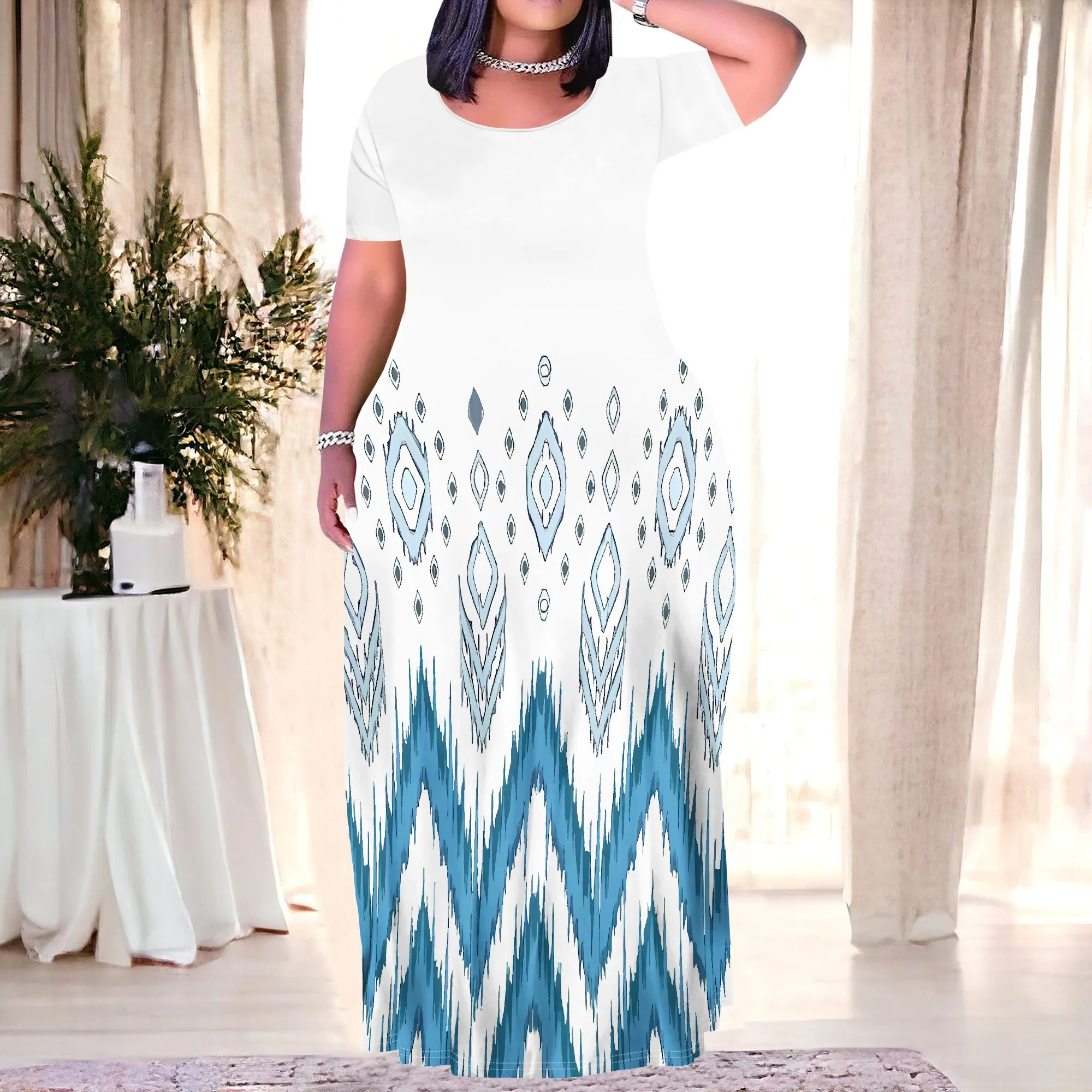 

Nupusa Plus Size Ikat Print Maxi Dress for Women Short Sleeve Casual Ethnic Pattern Long Dress