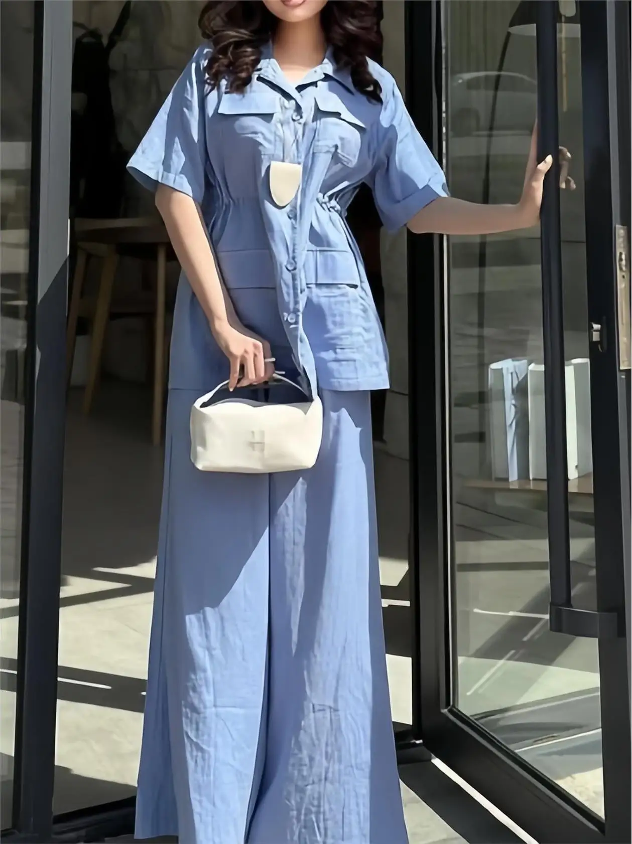 

ort Sve Workwear Set Waist Cinched Wide Leg Pants Faionable Cotton Blend Suit for Women Autumn 2025 Collection