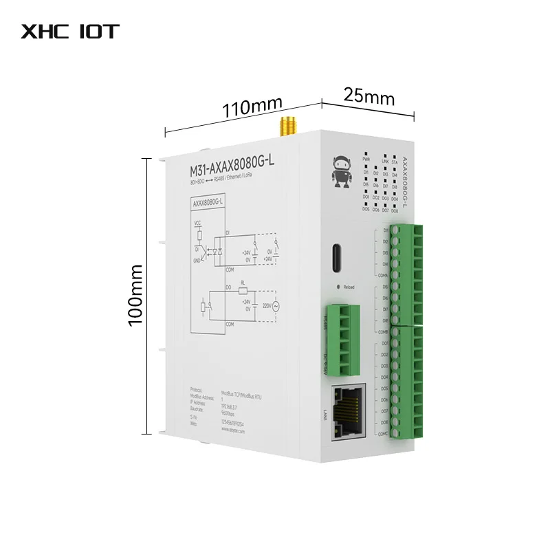 8DI+8DO LoRa 433MHz Distributed Remote IO Module XHCIOT M31-AXAX8080G-L Host Module LoRa RJ45 RS485 Support Modbus TCP RTU