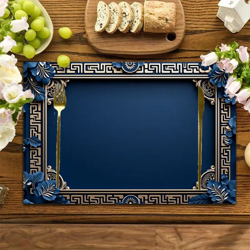 4Pcs, Blue and Gold Floral Placemats, Washable, Suitable for Holiday Parties, Home Decor, Kitchen Tables, Rectangular Dining Room