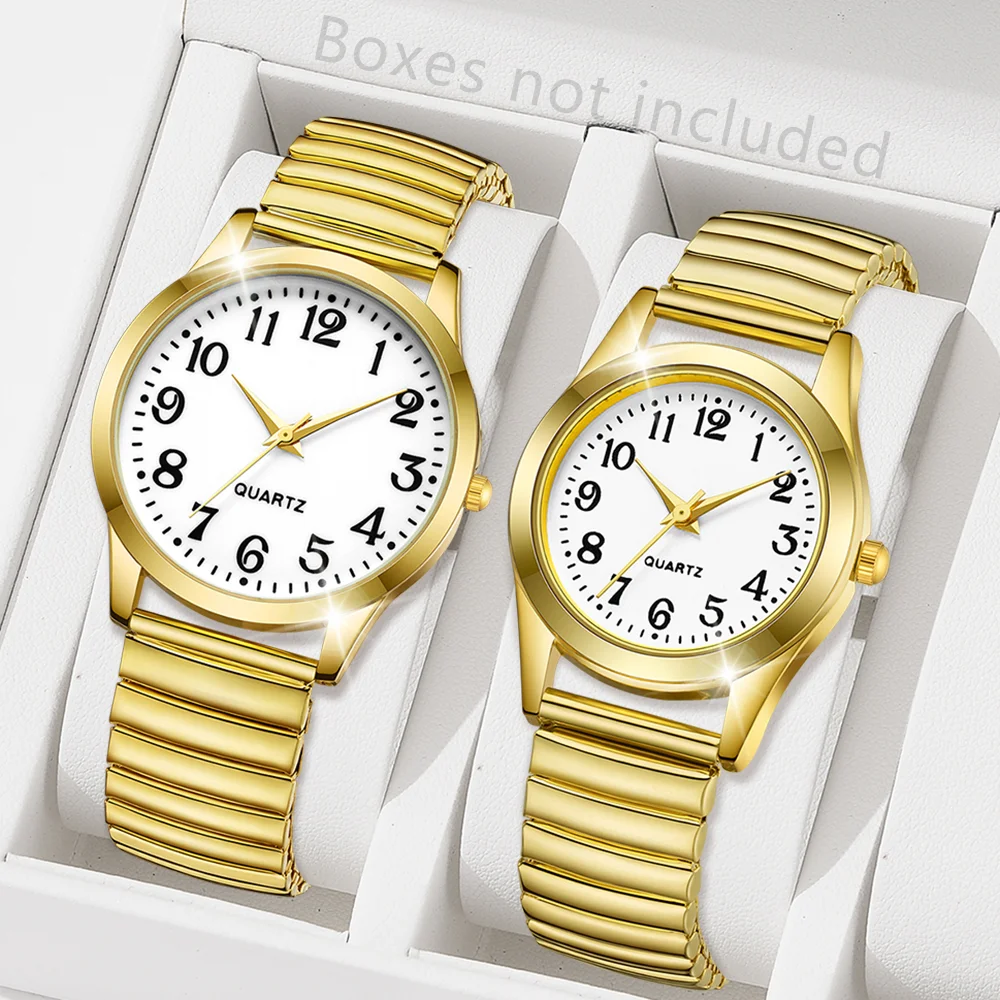 Luxury Gold 2pcs Round Quartz Watch With A Header, Couple Watch Set