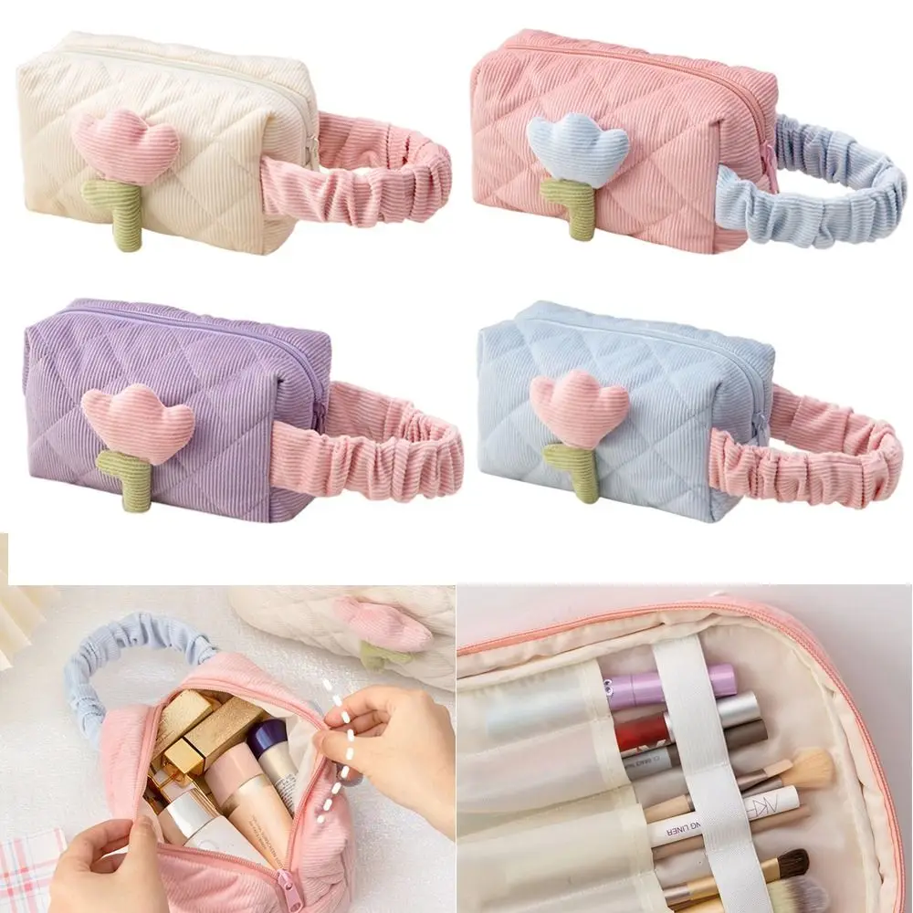 

Flower Printed Corduroy Cosmetic Bag Multifunctional Travel Organizer Large Capacity Handbag Cosmetic Cases Women