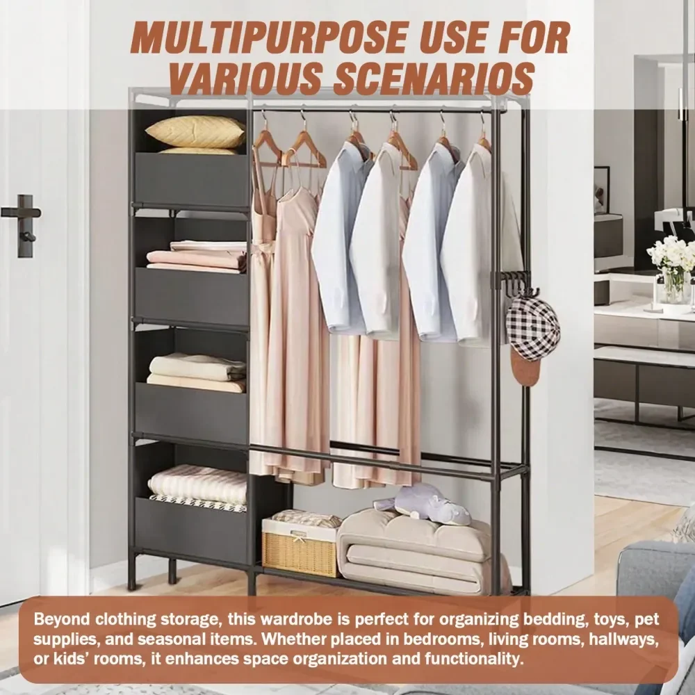 

Rack For Hanging Clothes, Heavy Duty Closet Rack With 4 Tiers Wire Shelving Hanging Rods, Free Standing Closet Wardrobe, 45 Lx1