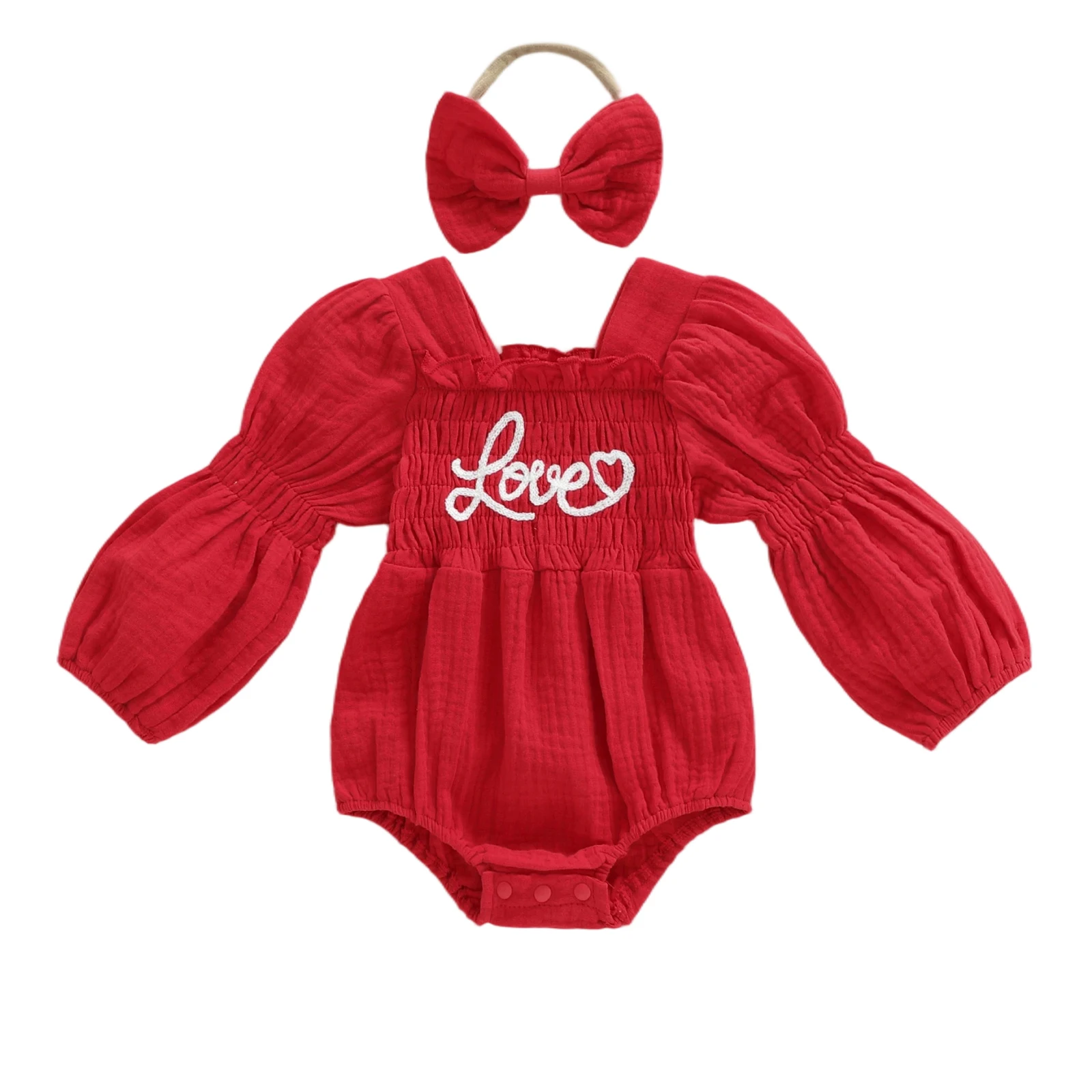 Baby Girl Valentines Day Romper Long Sleeve Square Neck Letter Embroidery Bubble Jumpsuit with Bow Headband 0-18M