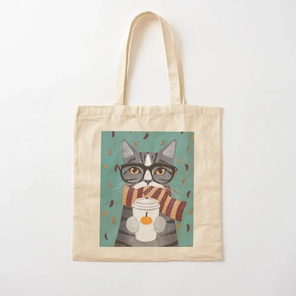 

Grey Tabby Autumn Coffee Cat Tote Bag university shopper bag personalized custom shoping