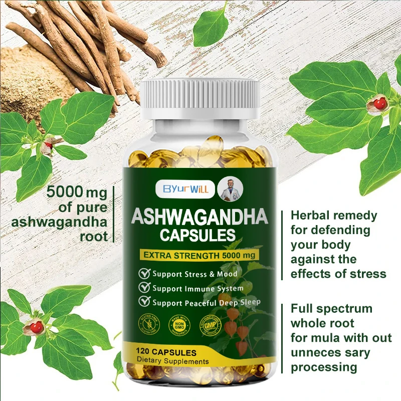 Капсулы ByurWill Pure KSM 66 с экстрактом корня Ashwagandha, 5000 мг, добавка для снятия стресса, фокусировки, развития мозга, поддержки здоровья сна