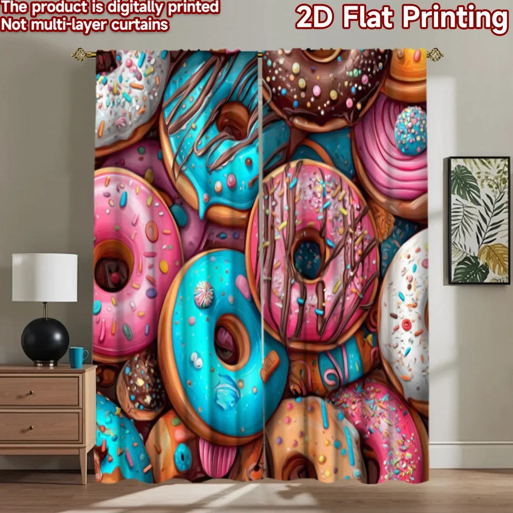 2D flat printing 2pcs Scene Curtains Donuts Colorful Sweet Frosting Digital Printed Polyester Drapes Festive Curtains Use for