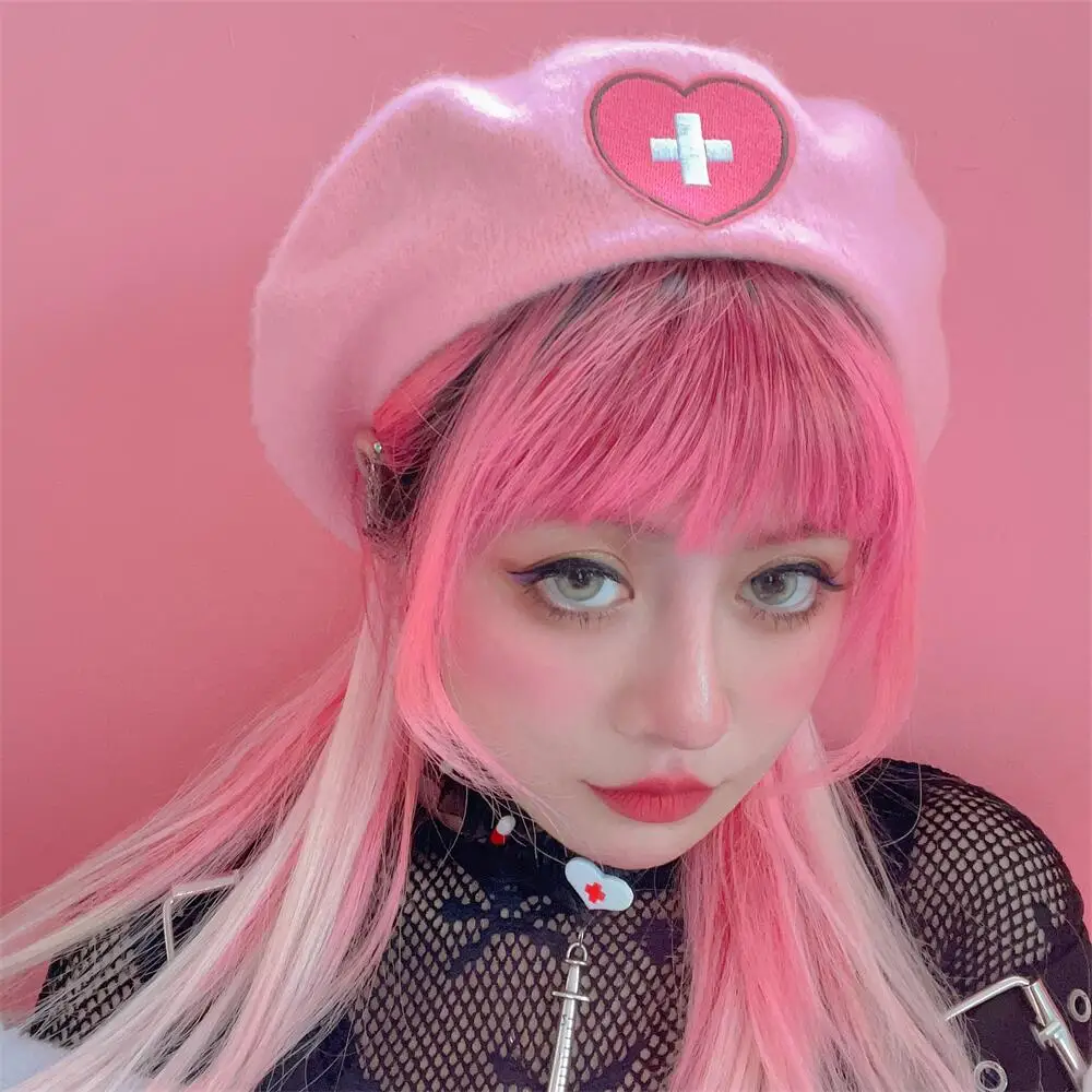 Japanese Harajuku Y2K Hot Girls Sweet Pink Love Cross Embroidery Beret Hats Punk Chic Warm Woolen Painter Caps