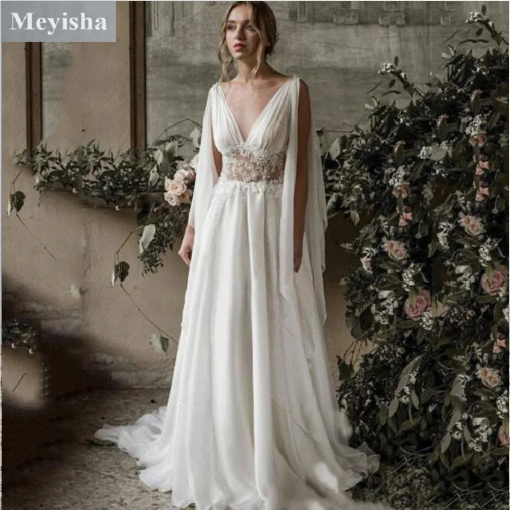 

ZJ6025 Vintage Boho Beach 2024 Wedding Dresses Backless Women A-line Bohemian Chiffon Appliques Bridal Gowns Bride