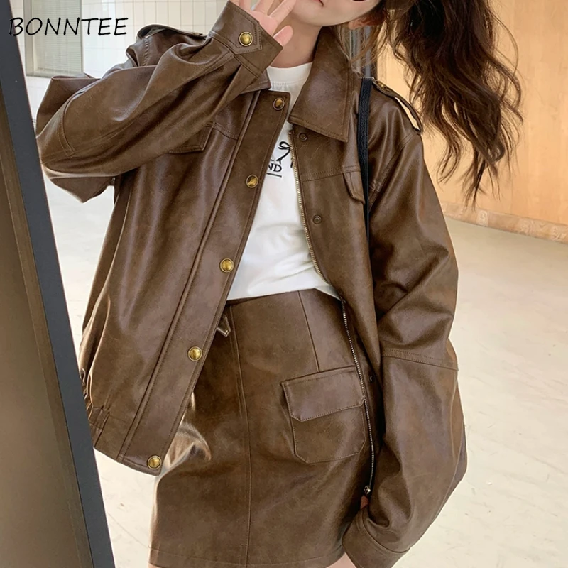 

Leather Jackets Women Streetwear Fashion Cool Outwear Casual Loose Pockets Zipper-up Design All-match Ulzzang Windbreak Temper