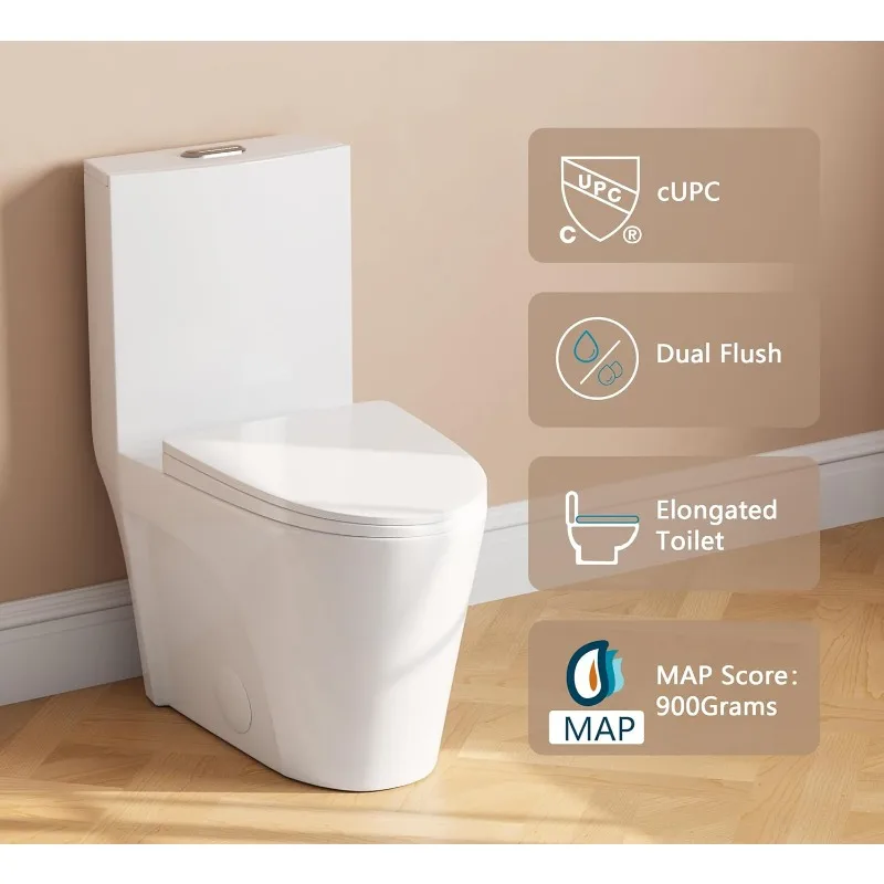 Toilet, Elongated One Piece Toilet for Bathrooms Dual Power Flush Toilet 1.1/1.6 GPF and MAP 900g, 12'' Rough-In Toilet Bowl