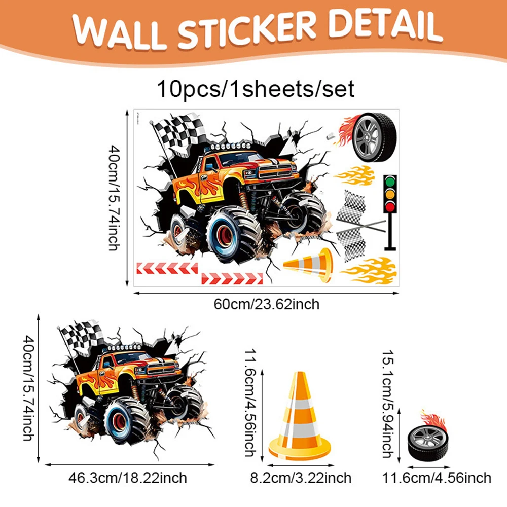 3D Racing Car Wall Decals for Kids Room Monster Truck Break Through Wall Sticker Peel Decal for Baby Boys Bedroom Playroom Decor view 3