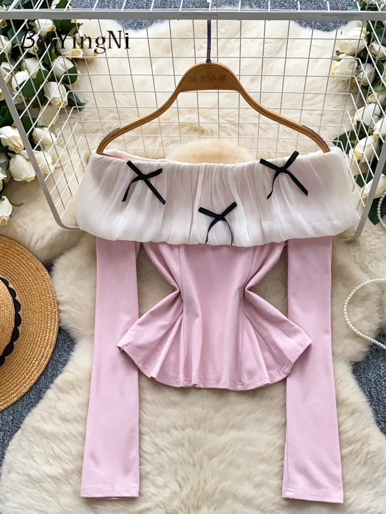 

Beiyingni Slash Neck Sexy y2k T-shirt Female Bow Ruffles Spell Color Pink Korean Long Sleeve Tops Women Slim Design Tee Shirts