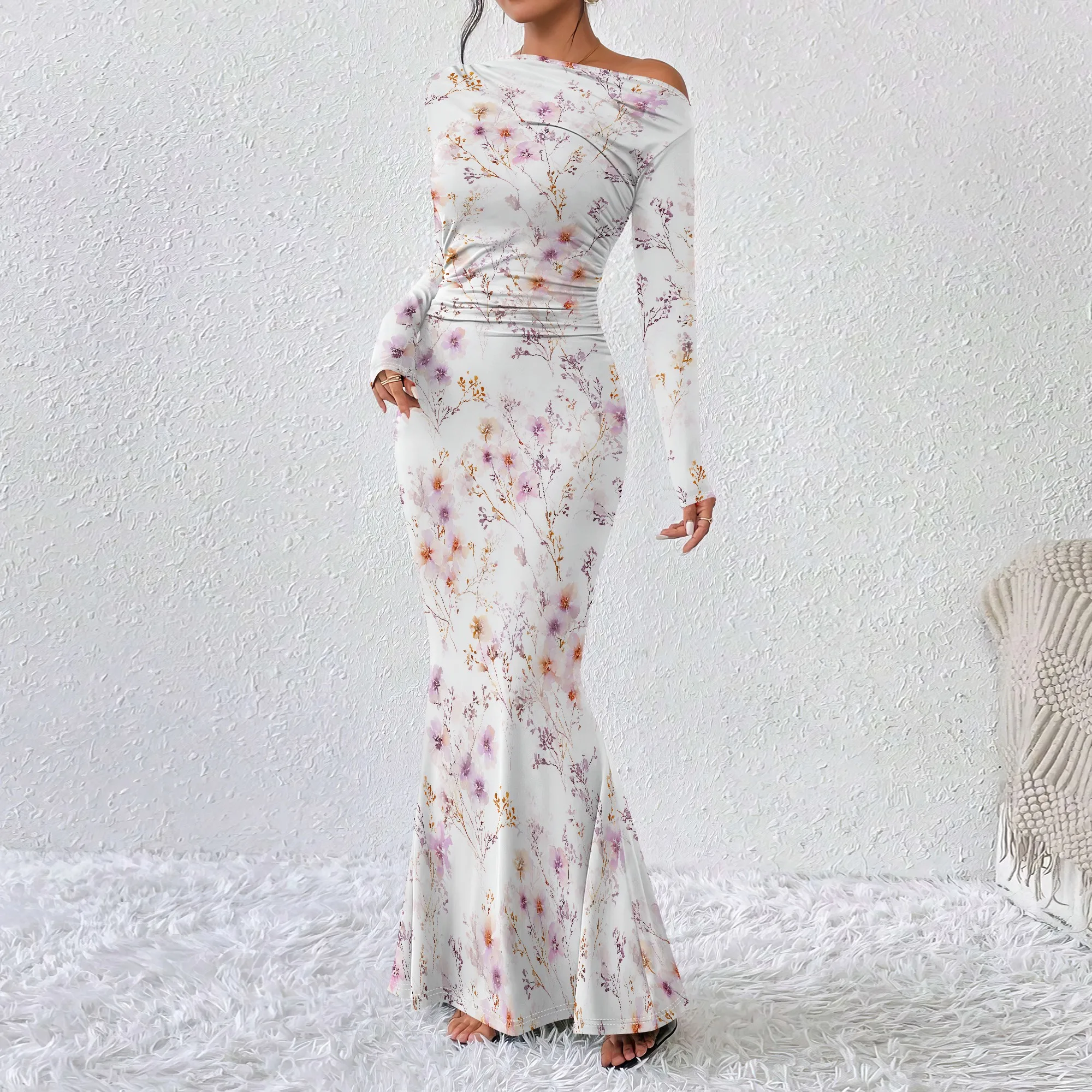 

Women's Navy Blue Floral Off-Shoulder Mermaid Dress Polyester Wedding Summer Elegant