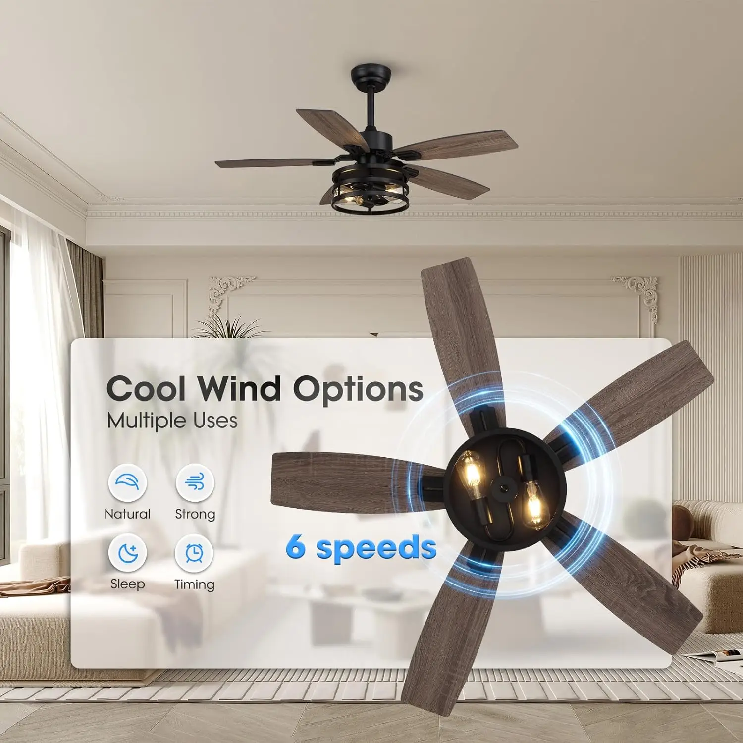 Breezeart 42 Inch Ceiling Fans With Lights And Remote/App Control, Ceiling Fan For Bedroom Living Room And Patio, Caged Ceiling