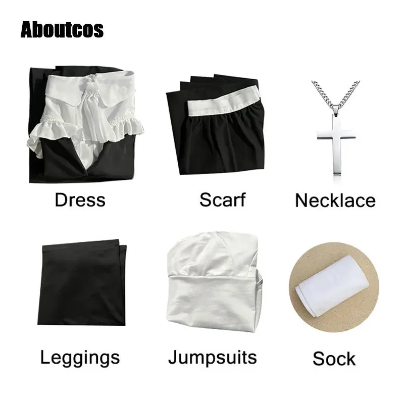 Sexy feminino freira cosplay traje vestido macacão cachecol colar leggings meia roupas de festa de halloween ms3927