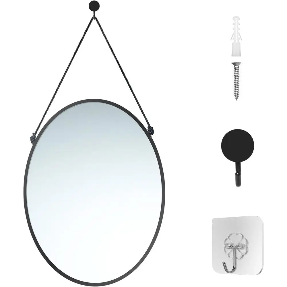 

Black Hanging Oval Mirror or Wall Decor, 14.8 x 18 Inch armhouse MirrDecorative with Rope or Bathroom, Living Room, Bedroom