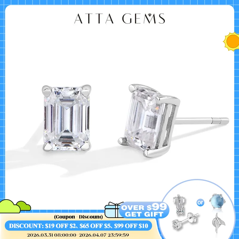 

ATTAGEMS 1.0CT Emerald Cut Moissanite Stud Earrings D Color for Women Men S925 Sterling Silver Sparkling Engagement Jewelry Gift