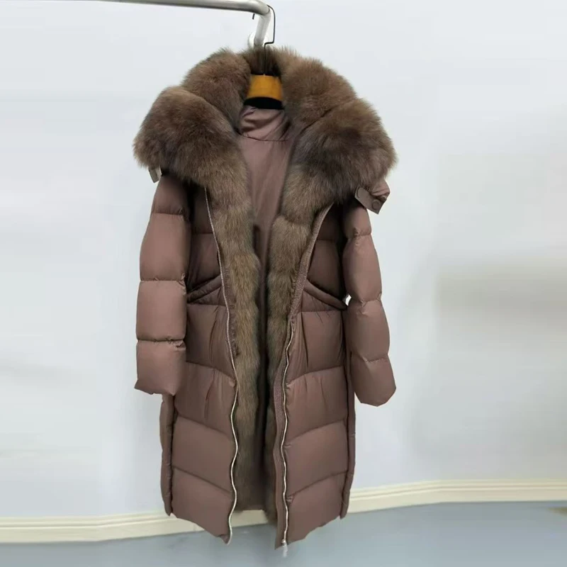 

2025 New Premium Fur Collar Goose down Puffer Jaet Women Long over Knee Loose Thiened Hooded Outerwear Casual Sle