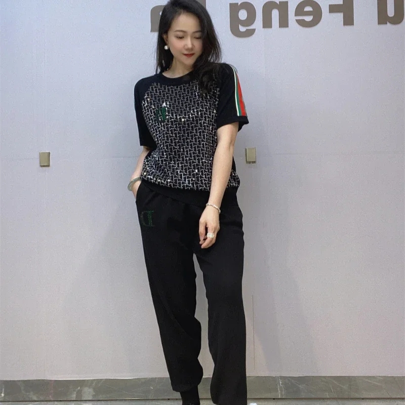 2024 Summer Women Two-piece Set Shiny Letters Hot Drilling Short Sleeve T-shirt Top + Casual Harem Pants Knitted Suits