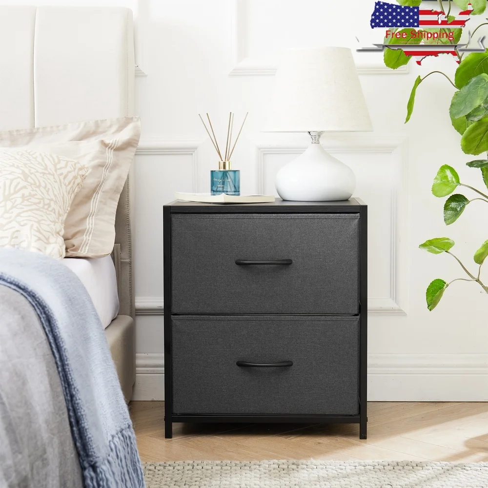 

2 Drawer Fabric Nightstand Portable Storage Table with Steel Frame MDF Top Easy Assembly Bedroom Living Room Nursery
