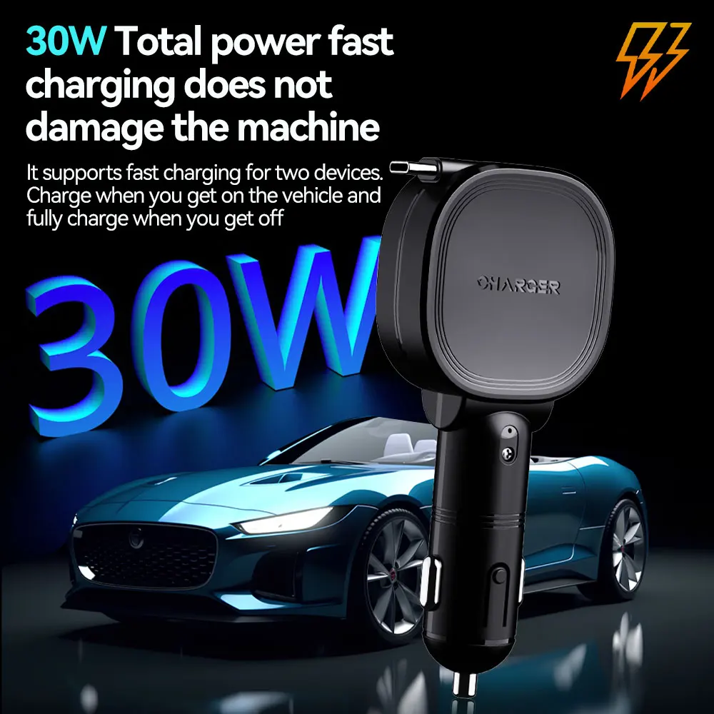 New 30W Car Charger Type-C Fast Retractable Cable USB-C Quick Charging 360° Rotation For iPhone Samsung Xiaomi In Car