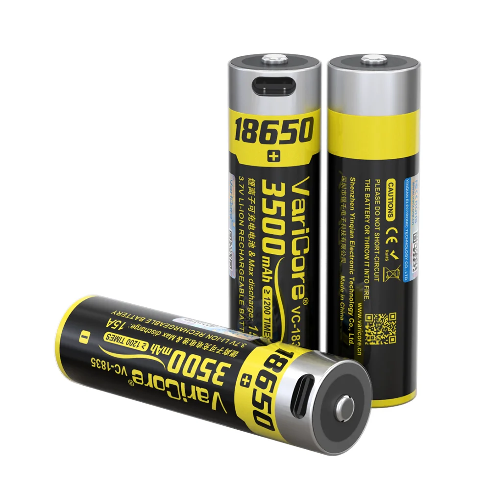 3.7 فولت 18650 3500 مللي أمبير USB Type-C بطارية ليثيوم أيون قابلة للشحن 15A التفريغ لبطاريات المصباح مع 1 قطعة كابل usb