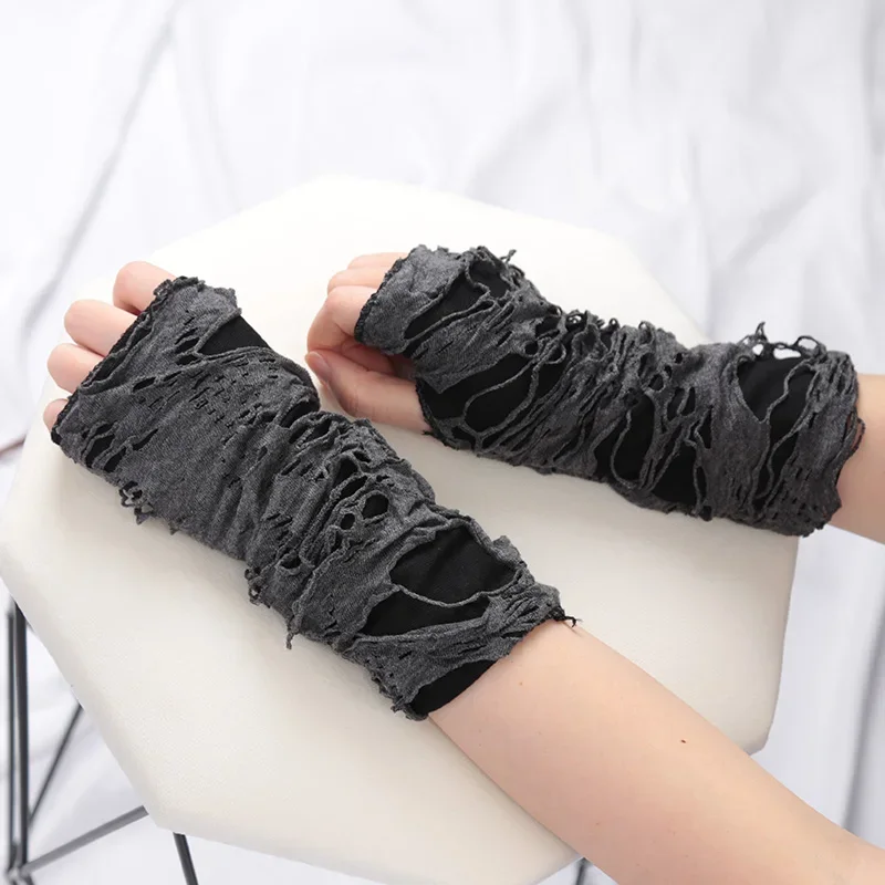 

1Pair Broken Slit Gloves Punk Gothic Black Fingerless Unisex Hole Ninja Mittens Women Men Ripped Holes Decor Cosplay Long Gloves