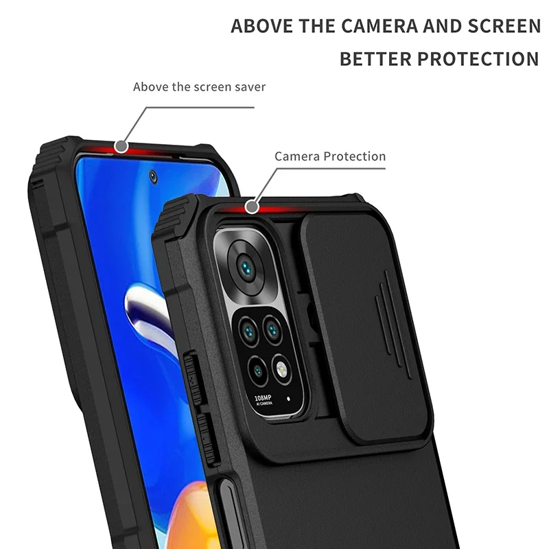 Shockproof Phone Case For Xiaomi Redmi Note 12 11 11S 10 10S 10C A1 9A 9C 9T POCO X5 Push Window Protection Stand Bracket Cover