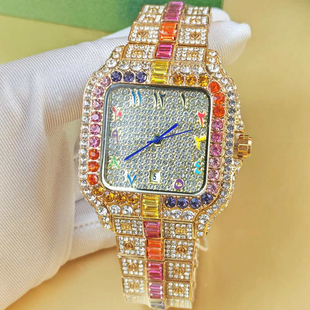 Full Diamond Hip Hop Rainbow Diamond Quartz Watch  Men Iced Out Male Gold Gypsophila Vintage Square Shaped Man for Clock Reloj