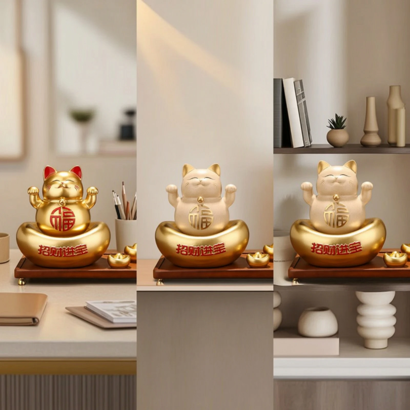 Fortunate Cat Figurine Wood-Look Cat Statue with Display Base Maneki Neko Fortune Cute for Business Owners, Store Opening