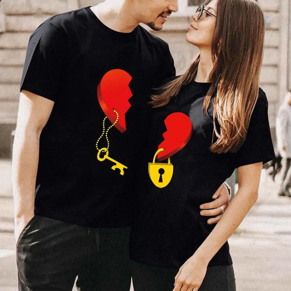 Couple T-shirt Pullover Short Sleeves Crew Neck Couple Summer Top Dress Up Matched Heart Key And Lock Women Men T-shirt