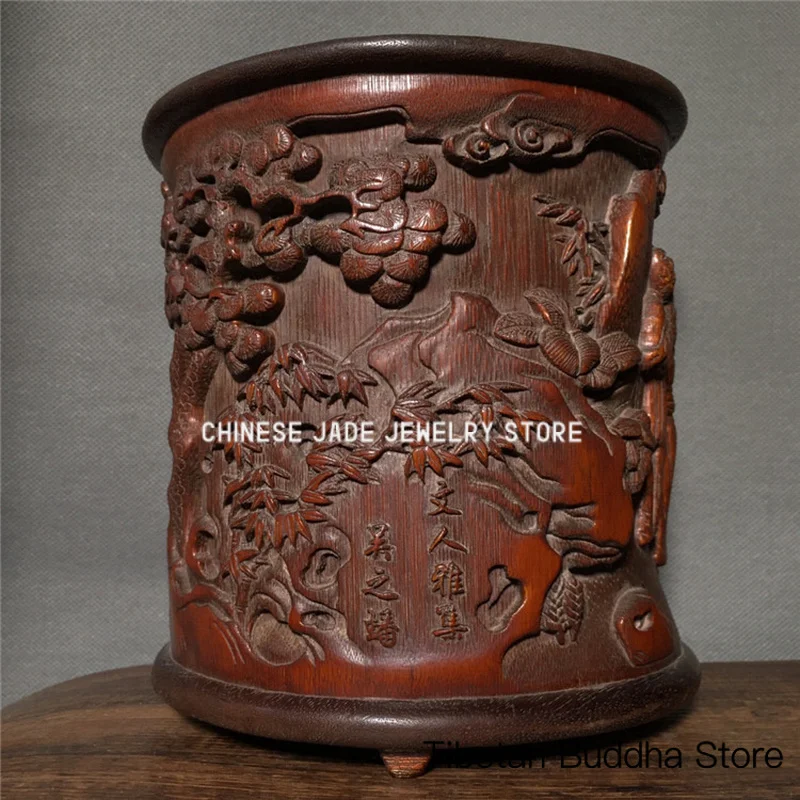 Antiquities and antiques Old bamboo carving bamboo root carving pen holder Intellectual Gathering Stationery supplies Classical