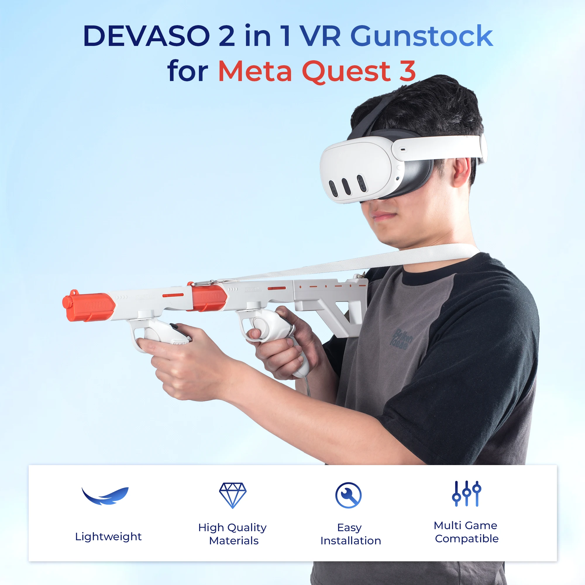 DEVASO VR Shooting Gun Controller for Meta Quest 3 VR Controllers Holding Game Accessories Quick Release Somatosensory Gun Mount