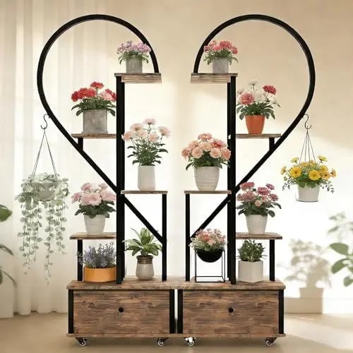 Heart Shaped Indoor Plant Stand, Rustic Brown, 2 Pack | Rolling Storage Cabinet & Drawer, Multi-Tier Shelf, Hanging