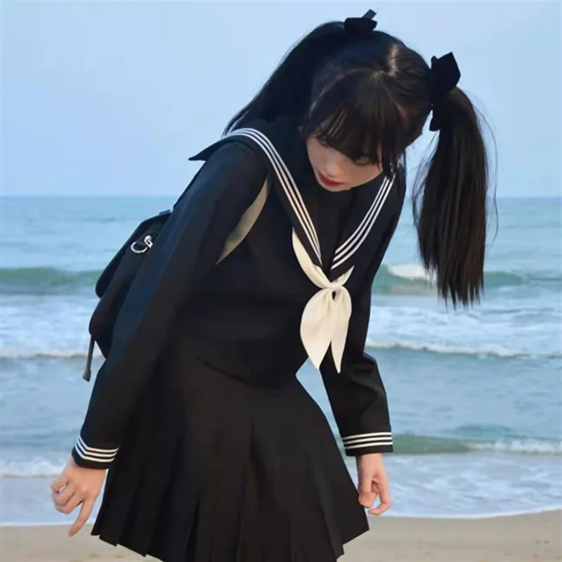 Japanese School Uniforms Student Style Girls Navy Costume Women Sexy Black JK Long Dress Suit Sailor Blouse Pleated Skirt Set