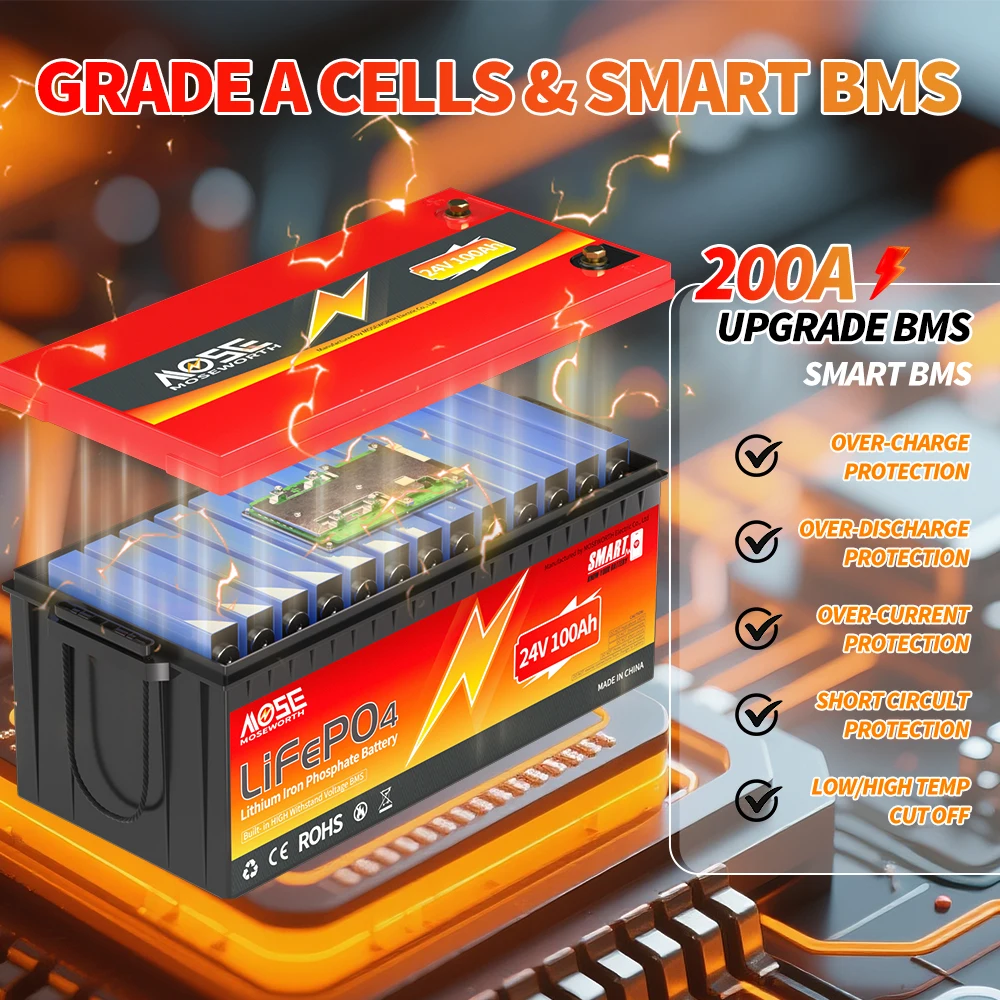 MOSEWORTH 24V 100Ah LiFePO4-Akku Lithium-Eisenphosphat-Batterien Eingebautes Bluetooth BMS 8000+ Zyklen für Solarboote – Detail 4