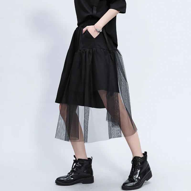 ANJY Summer New Women Dark Style Asymmetry Loose Casual Mesh Spliced Elastic Waist Knee Length Pants Trend Fashion Shorts A21486