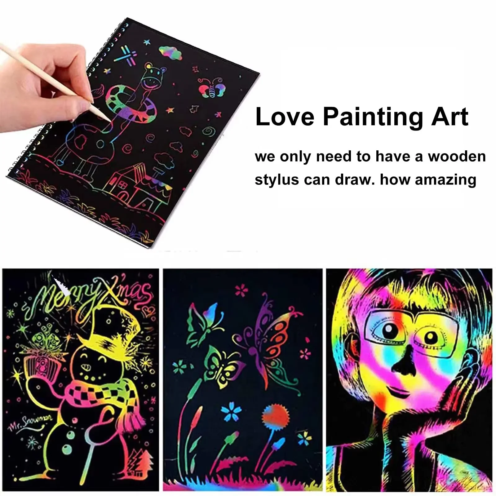 2-pak Rainbow Scratch Paper Children's Art Book Black DIY Rainbow Art Paper Card Neon Scratch Book with Wood Stick